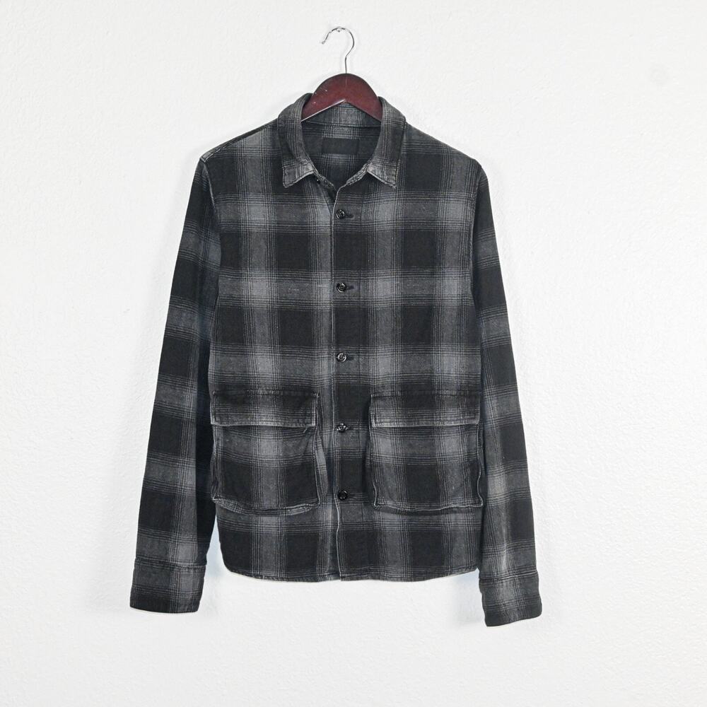 RtA Men's Button up Flannel Shirt Jacket in Black Grey Plaid cototn size Small